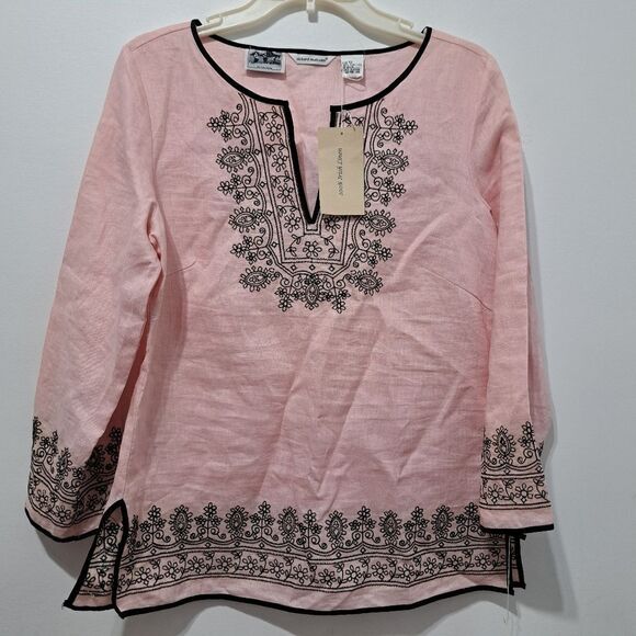 Richard Malcolm Irish Linen Embroidered Modest Top Size 10 Pink/Black NWT - Picture 9 of 15